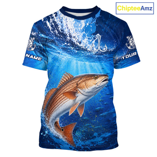 Redfish (Red Drum) Short Sleeve T-Shirt Ocean Blue 3D All Over Print Performance Shirt 