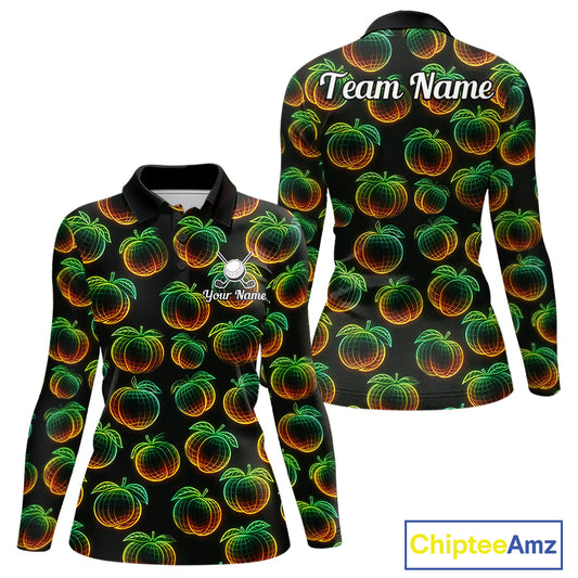 Funny Neon Colorful Peach In Dark Golf Women's Polo Shirt,  Funny Fruit Pattern Polo Top NHT578