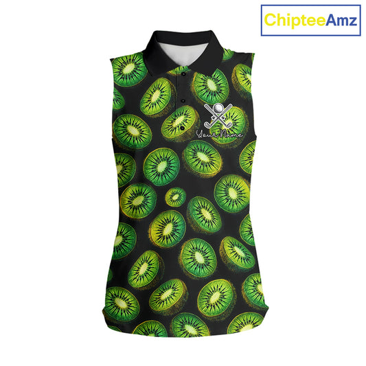 Funny Colorful Kiwi In Dark Womens Sleeveless Golf Polo Shirt,  Funny Fruit Pattern Polo Top NHT579