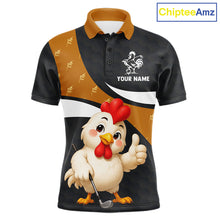 Load image into Gallery viewer, Funny chicken men golf polo shirt with rooster golfer design and custom name