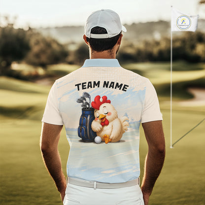 Funny chicken golf polo shirt personalized custom name blue golf polo for men