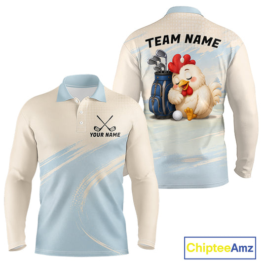 Funny chicken golf polo shirt personalized custom name blue golf polo for men