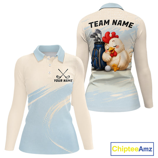 Funny Chicken Golf Polo Shirt for Womens  Personalized Custom Name Blue Golf Polo