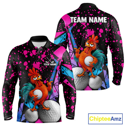 A long-sleeve custom golf polo shirt shown from both front and back on a white background. The shirt features a black base with vibrant pink, blue, and purple paint splatter patterns, a cartoon orange rooster holding a golf ball, and customizable text placeholders 'TEAM NAME' and 'YOUR NAME'.