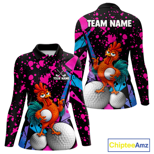 A long-sleeve golf shirt shown from both front and back on a white background. The shirt has a black base with bright pink, blue, and purple paint-splatter graphics, featuring a cartoon rooster holding a golf ball and white golf balls.