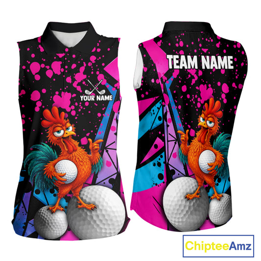 Front and back views of a sleeveless golf shirt featuring a cartoon orange rooster holding a golf ball, with pink, black, blue, and purple graphic splatters and geometric shapes. The front has a 'YOUR NAME' customization spot and the back has 'TEAM NAME' text, shown on a white background with a ChipteeAmz logo.