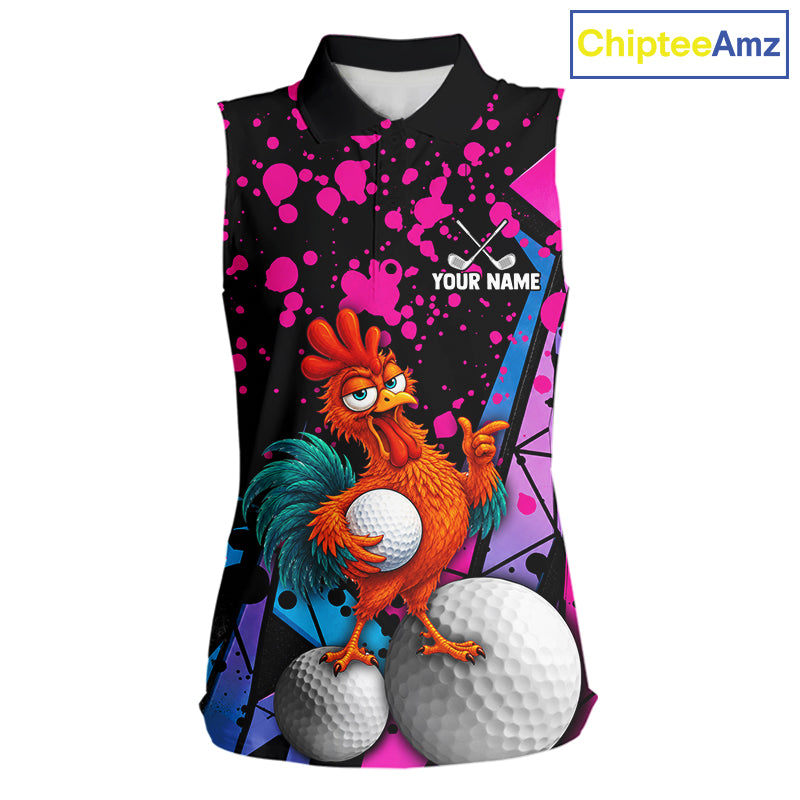 A sleeveless black polo shirt with a colorful cartoon rooster holding golf balls, pink and blue paint splatter graphics, and a customizable name print on the chest. The brand name 'ChipteeAmz' is shown in a blue box in the top right corner.