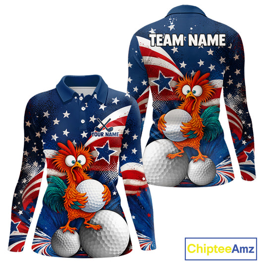 Front and back views of a long-sleeve polo shirt featuring a patriotic American flag design with a cartoon rooster holding golf balls, customizable text fields, and a white background.