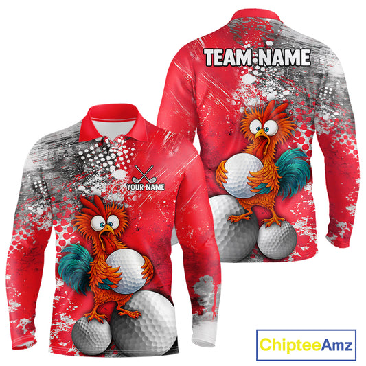 Front and back views of a long-sleeve custom golf polo shirt featuring a cartoon rooster holding golf balls on a red, gray, and white splatter design. The front shows a customizable name and logo area, and the back has 'TEAM:NAME' text at the top.