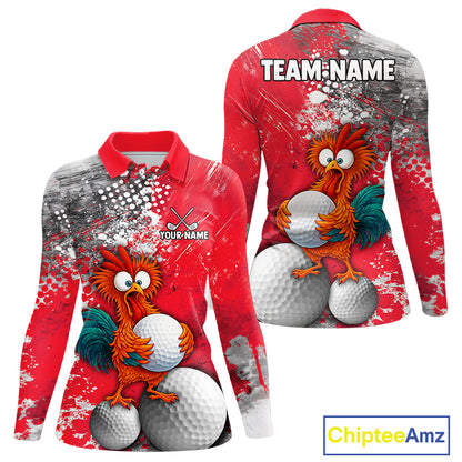 A long-sleeve collared shirt shown from both front and back on a white background. The shirt has a red, gray, and white splatter-style graphic print with a cartoon rooster holding golf balls.