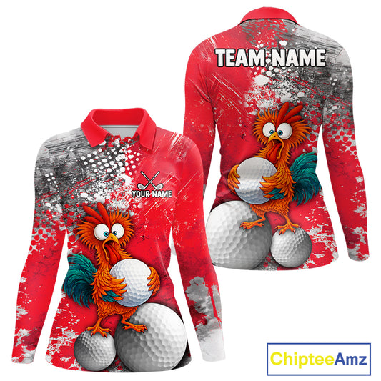 A long-sleeve collared shirt shown from both front and back on a white background. The shirt has a red, gray, and white splatter-style graphic print with a cartoon rooster holding golf balls.