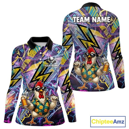 Front and back views of a long-sleeve polo shirt featuring a colorful all-over graphic print with a cartoon chicken, lightning bolts, and abstract patterns in purple, blue, yellow, and black. The front has placeholder text for customization, and the back shows 'TEAM NAME' at the collar.