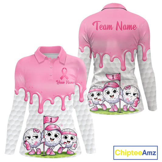 Funny Pink Ribbons Breast Cancer Awareness Womens Golf Ball Polo Shirts Custom Golf Apparel For Womens NHT795