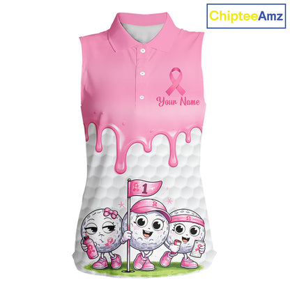 Funny Pink Ribbons Breast Cancer Awareness Sleeveless Women Golf Ball Polo Shirts Custom Golf Apparel For Women NHT795