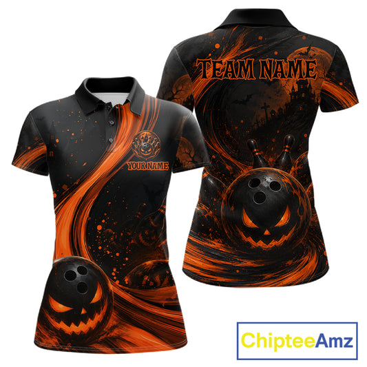 Custom short-sleeve polo shirt shown from the front and back, featuring a black and orange Halloween theme with jack-o'-lantern bowling balls, splatter effects, and customizable text reading TEAM NAME and YOURNAME. A ChipteeAmz logo is visible in the bottom right corner.