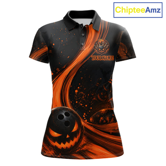 A women's short-sleeve polo shirt with a Halloween-themed all-over print featuring orange and black swirls, a jack-o'-lantern face, bowling pins, and a customizable chest logo. The shirt is displayed on a white background with a 'ChipteeAmz' watermark in the top right corner.