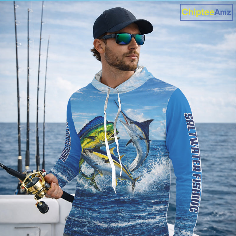 Personalized Mahi Mahi, Marlin, Tuna Blue Performance Fishing Shirt, Hooded Saltwater Tournament Shirts NHT600