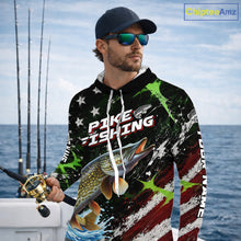 Load image into Gallery viewer, Best Pike Fishing Shirts Long Sleeve Hooded American Flag Patriotic Custom Name Fishing Tournament NHT965