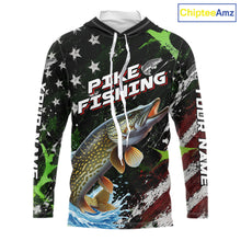 Load image into Gallery viewer, Best Pike Fishing Shirt Long Sleeve Hooded American Flag Patriotic Custom Name