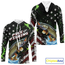 Load image into Gallery viewer, Best Pike Fishing Shirt Long Sleeve Hooded American Flag Patriotic Custom Name