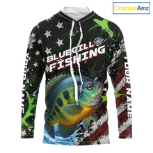 Load image into Gallery viewer, Best Bluegill Fishing Shirt Long Sleeve Hooded American Flag Patriotic Custom Name