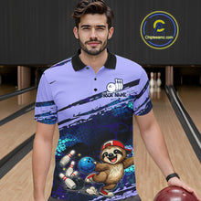 Load image into Gallery viewer, Man wearing a custom bowling-themed polo shirt with a sloth design in a bowling alley.