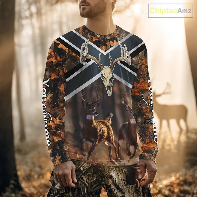 Hunting Shirt with Running Deer Design US Flag - Orange Camo Custom Name 3D Print NHT329