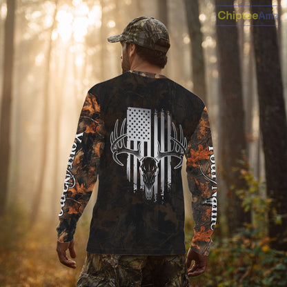 Hunting Shirt with Running Deer Design US Flag - Orange Camo Custom Name 3D Print NHT329