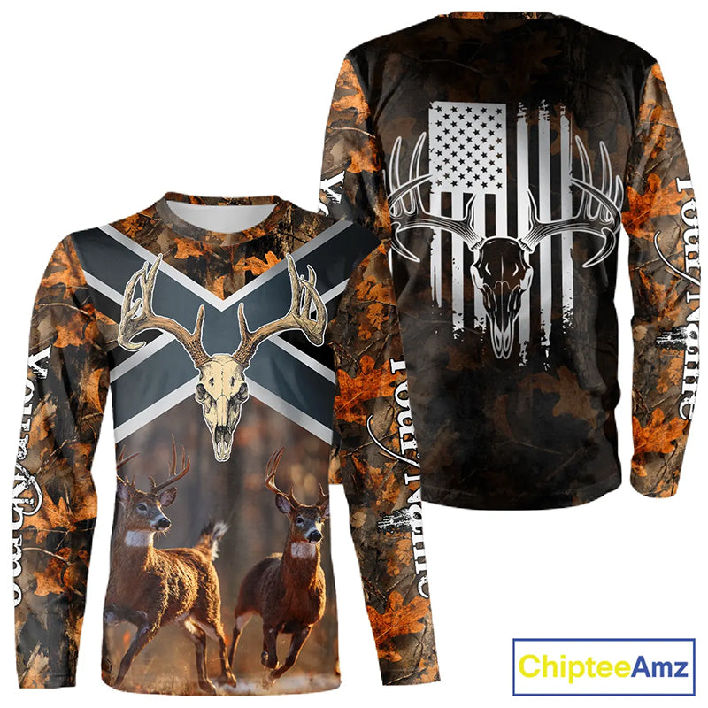 Hunting Shirt with Running Deer Design US Flag - Orange Camo Custom Name 3D Print NHT329