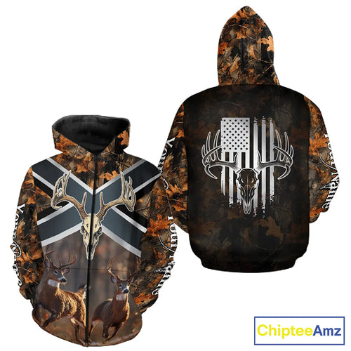 Hunting Shirt with Running Deer Design US Flag - Orange Camo Custom Name 3D Print NHT329