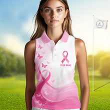 Load image into Gallery viewer, Personalized Breast Cancer Awareness Women’s Sleeveless Golf Polo Pink Ribbon &amp; Butterflies Custom Name