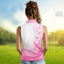 Load image into Gallery viewer, Personalized Breast Cancer Awareness Women’s Sleeveless Golf Polo Pink Ribbon &amp; Butterflies Custom Name