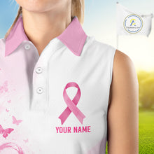 Load image into Gallery viewer, Personalized Breast Cancer Awareness Women’s Sleeveless Golf Polo Pink Ribbon &amp; Butterflies Custom Name