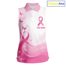 Load image into Gallery viewer, Personalized Breast Cancer Awareness Women’s Sleeveless Golf Polo Pink Ribbon &amp; Butterflies Custom Name NHT975 - Women's S...