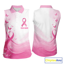 Load image into Gallery viewer, Personalized Breast Cancer Awareness Women’s Sleeveless Golf Polo Pink Ribbon &amp; Butterflies Custom Name