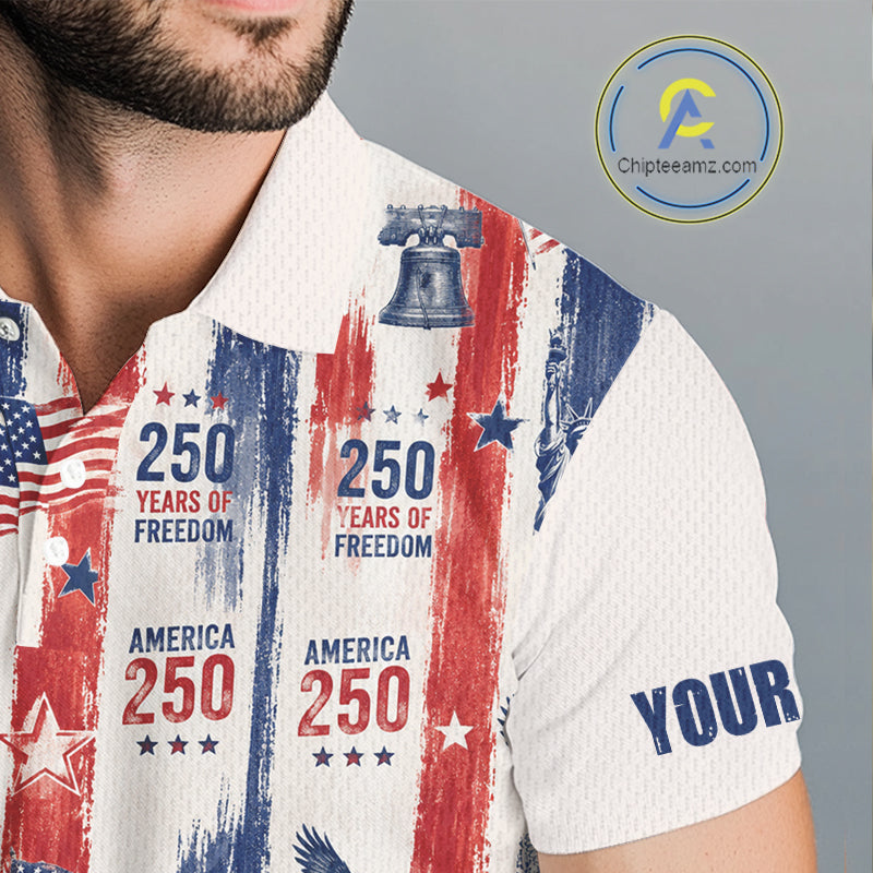 Person wearing a shirt with American flag design and text on a gray background