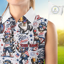 Load image into Gallery viewer, Funny Patriotic Raccoon Personalized Women's Sleeveless Golf Polo Shirt- America 250 Years Golf Gift
