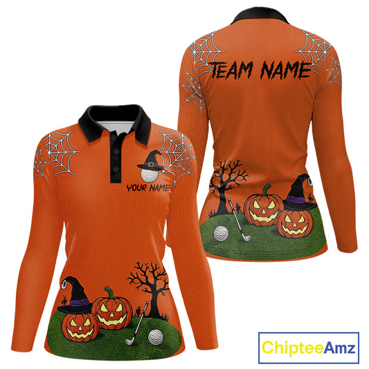 Front and back views of an orange long-sleeve golf shirt with a black collar, featuring Halloween graphics including pumpkins, witch hats, spiderwebs, and customizable text areas.