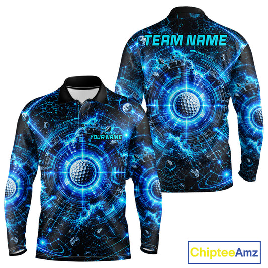 Long-sleeve shirt with futuristic design and customizable text, featuring golf balls and blue energy effects.