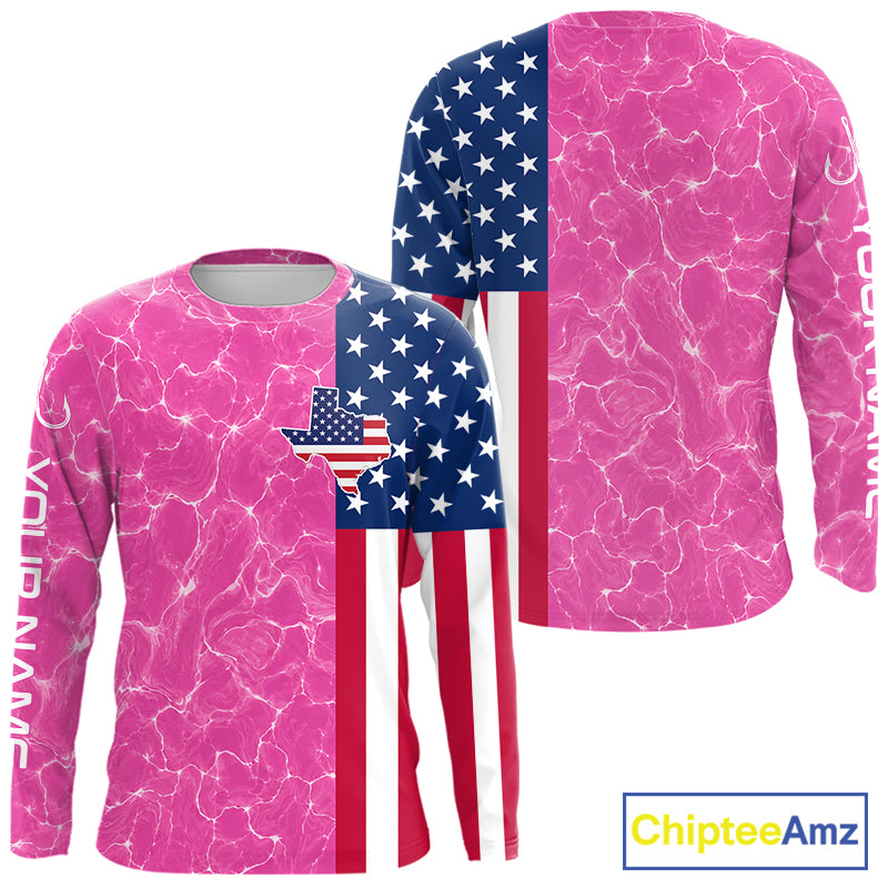 Texas Fishing Shirt Pink American Flag Men's Long Sleeve Fishing Apparel 
