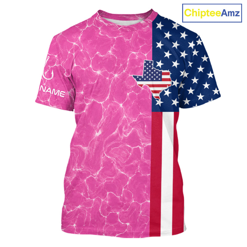 Texas Fishing T-Shirt Pink American Flag Men's Short Sleeve Fishing Apparel 