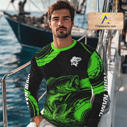 Personalized Bass Fishing Jerseys, Bass Fishing Scale Long Sleeve Shirt| Green NHT386