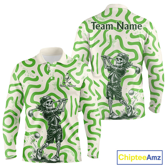 Personalized Funny Skeleton Mens Golf Polo Shirt Green Abstract Pattern Custom Golf Shirt For Team Name & Name NHT618