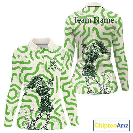 Personalized Funny Skeleton Womens Golf Polo Shirt Green Abstract Pattern Custom Golf Shirt For Team Name & Name NHT618