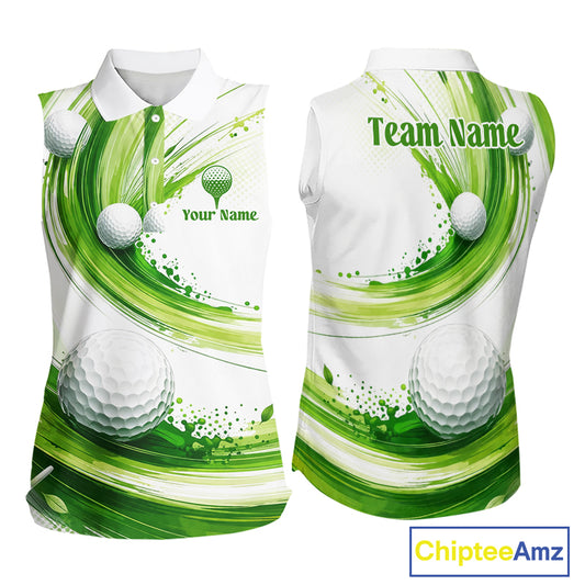 Custom Green Wave Sleeveless Golf Polo Shirt With Ball Design Personalized Team Name & Name Golf Shirt NHT623