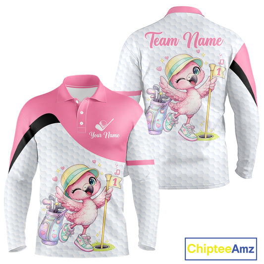 Pink Mens Golf Polo Shirt Pink Flamingos Pattern Custom Name, Funny Flamingo Golf Polo Shirts NHT626