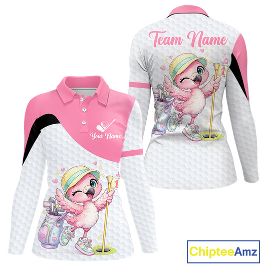 Pink Womens Golf Polo Shirt Pink Flamingos Pattern Custom Name Team Flamingo Golf Polo Shirts NHT626