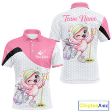 Load image into Gallery viewer, Pink Mens Golf Polo Shirt Pink Flamingos Pattern Custom Name, Funny Flamingo Golf Polo Shirts NHT626