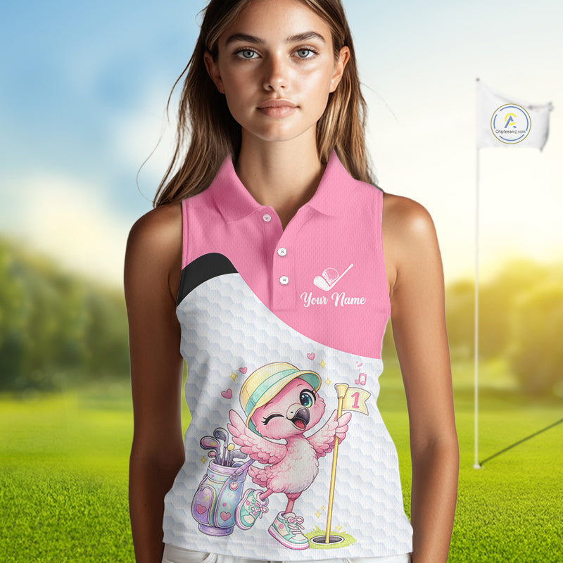 Pink Sleeveless Golf Polo Shirt Pink Flamingos Pattern Custom Name Team Flamingo Golf Polo Shirts NHT626