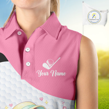 Pink Sleeveless Golf Polo Shirt Pink Flamingos Pattern Custom Name Team Flamingo Golf Polo Shirts NHT626